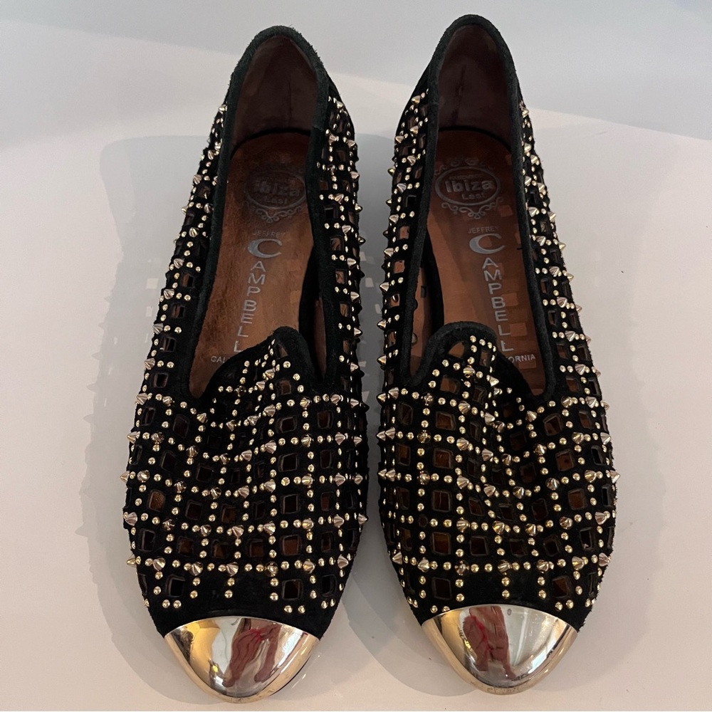 Jeffrey Campbell Black Studded Velvet Loafers with Silver Cap Toe